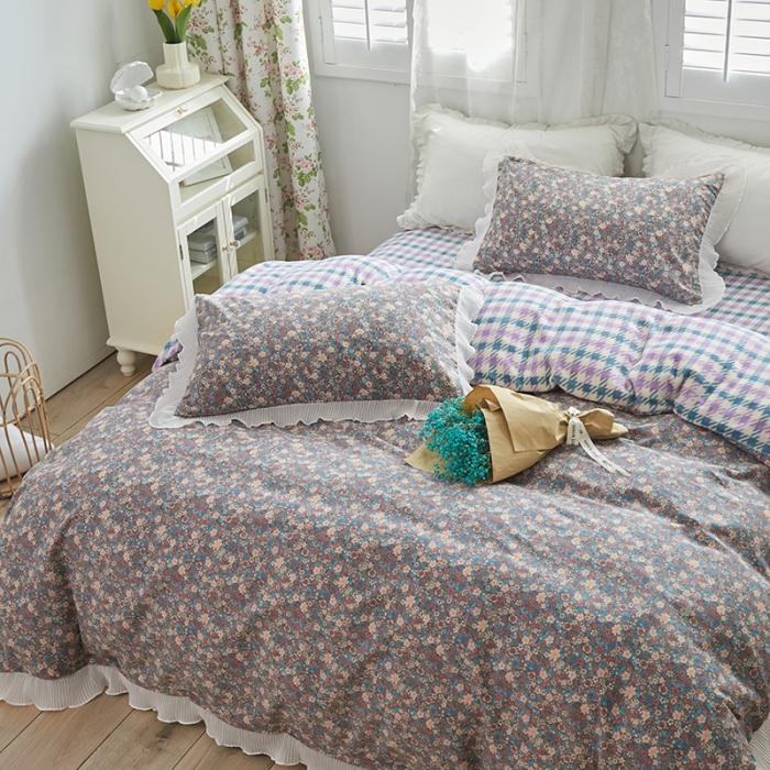 91家纺网 家纺一手货源 找家纺 怡家居 2022新款秋冬棉加牛奶绒韩式花边款四件套 科莫花园