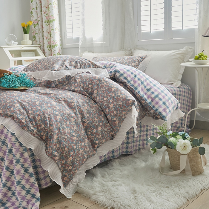 91家纺网 家纺一手货源 找家纺 怡家居 2022新款秋冬棉加牛奶绒韩式花边款四件套 科莫花园