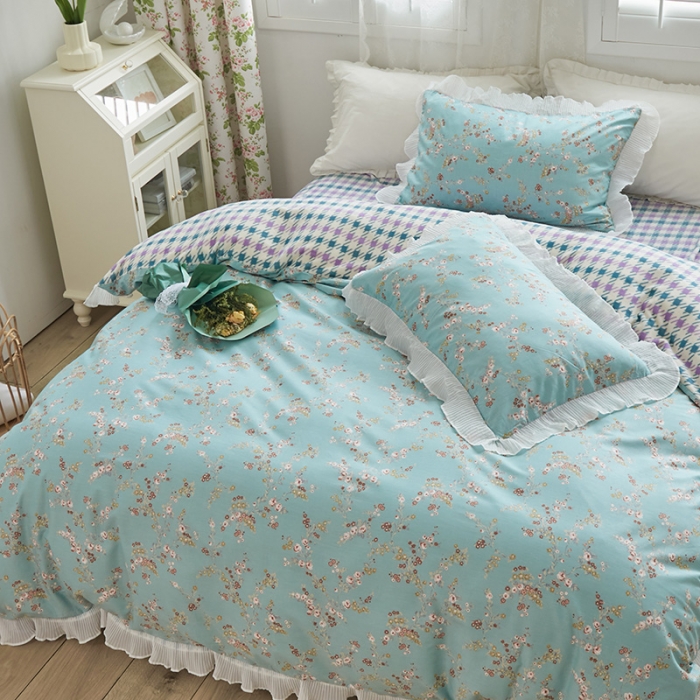 91家纺网 家纺一手货源 找家纺 怡家居 2022新款秋冬棉加牛奶绒韩式花边款四件套 绿禾