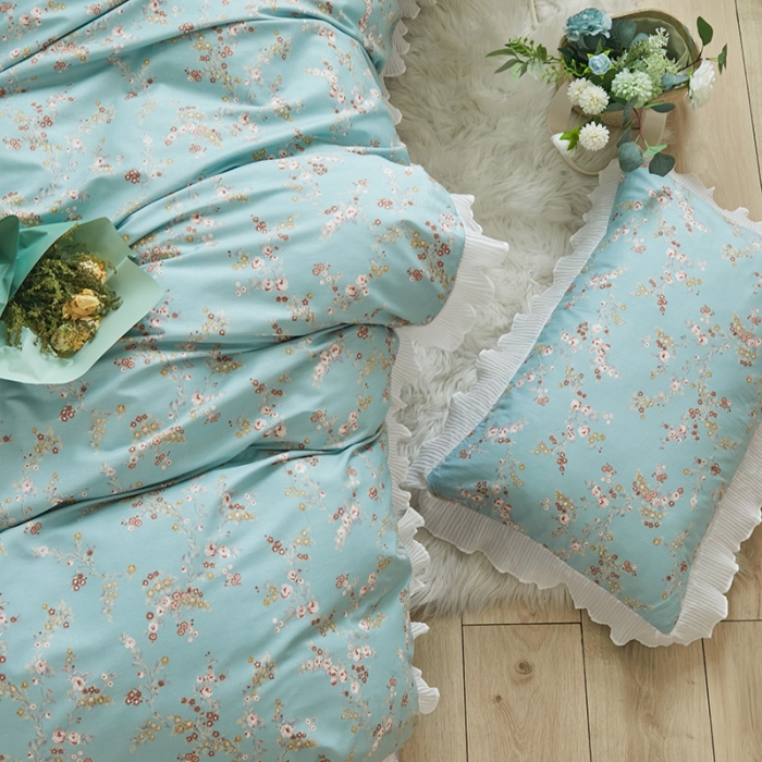 91家纺网 家纺一手货源 找家纺 怡家居 2022新款秋冬棉加牛奶绒韩式花边款四件套 绿禾