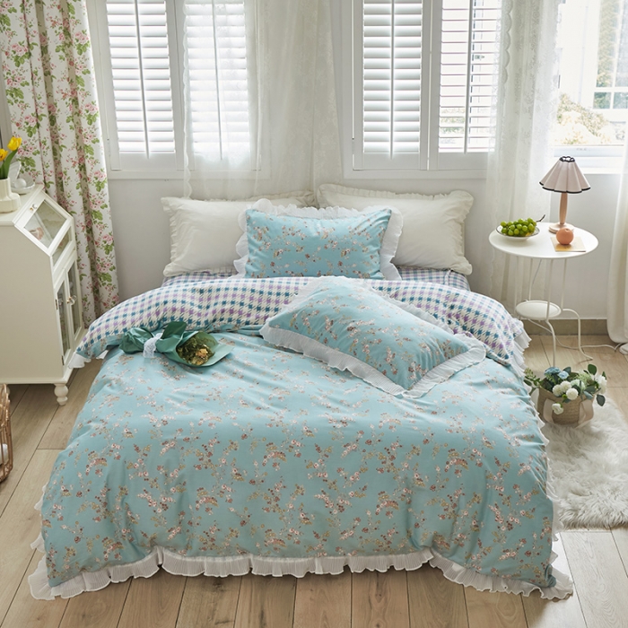 91家纺网 家纺一手货源 找家纺 怡家居 2022新款秋冬棉加牛奶绒韩式花边款四件套 绿禾