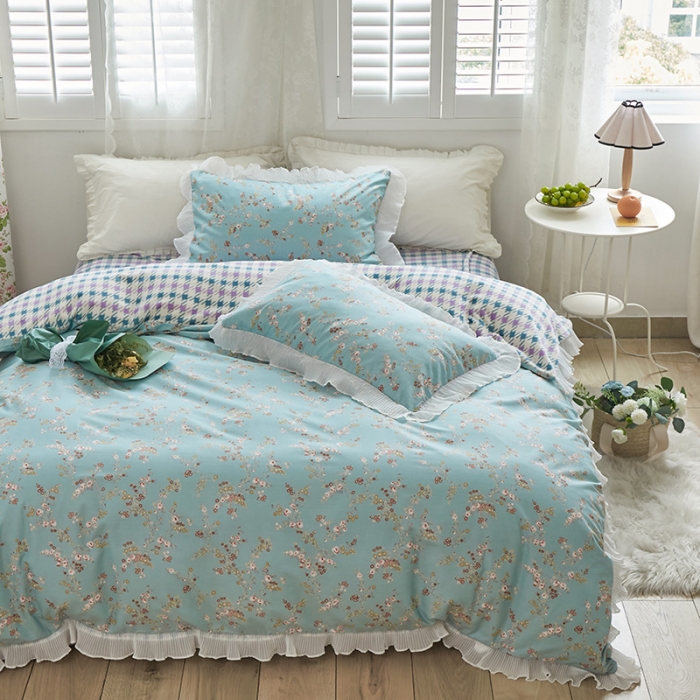 91家纺网 家纺一手货源 找家纺 怡家居 2022新款秋冬棉加牛奶绒韩式花边款四件套 绿禾