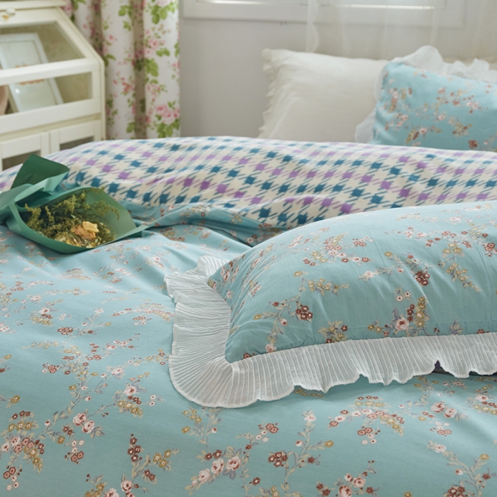 91家纺网 家纺一手货源 找家纺 怡家居 2022新款秋冬棉加牛奶绒韩式花边款四件套 绿禾