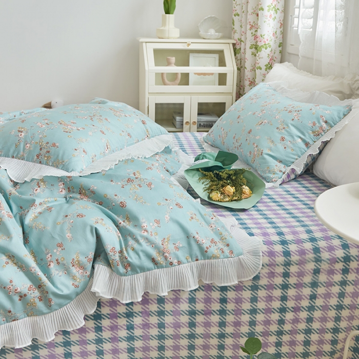 91家纺网 家纺一手货源 找家纺 怡家居 2022新款秋冬棉加牛奶绒韩式花边款四件套 绿禾