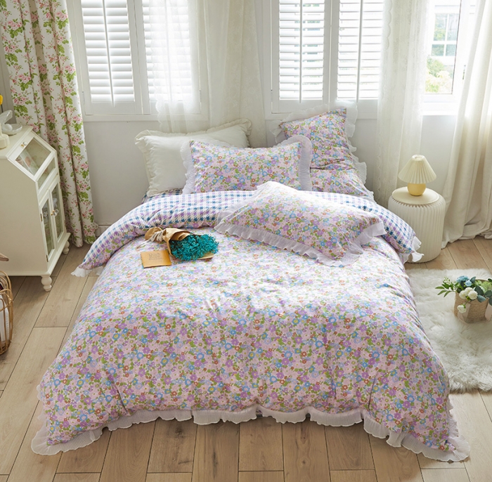 91家纺网 家纺一手货源 找家纺 怡家居 2022新款秋冬棉加牛奶绒韩式花边款四件套 米兰