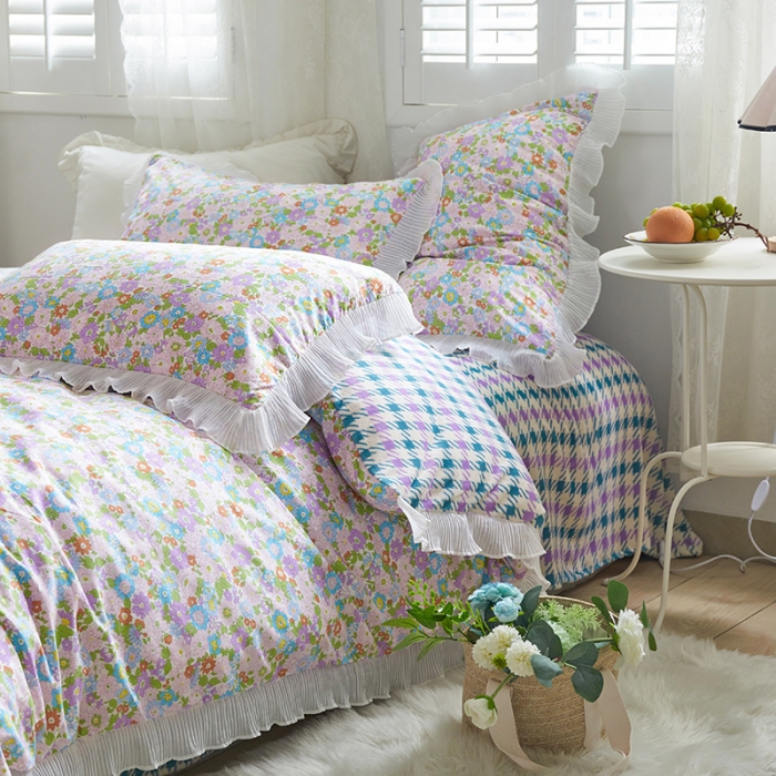 91家纺网 家纺一手货源 找家纺 怡家居 2022新款秋冬棉加牛奶绒韩式花边款四件套 米兰