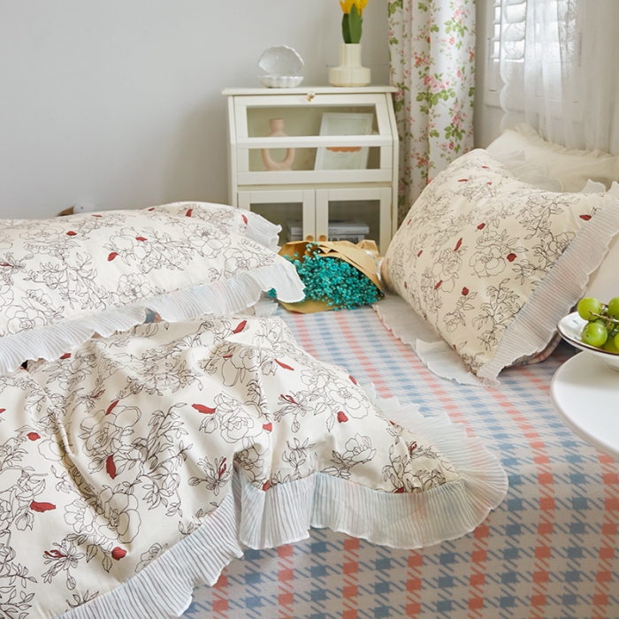 91家纺网 家纺一手货源 找家纺 怡家居 2022新款秋冬棉加牛奶绒韩式花边款四件套 千代子