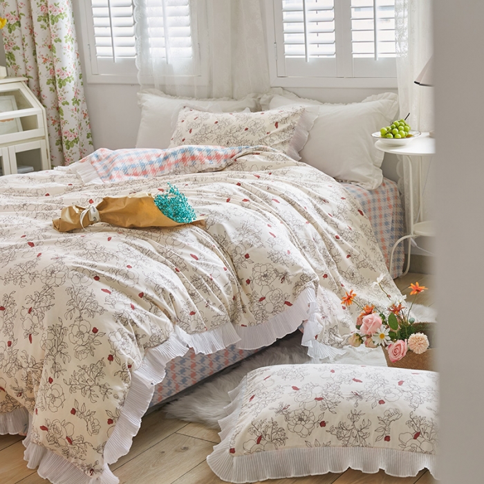 91家纺网 家纺一手货源 找家纺 怡家居 2022新款秋冬棉加牛奶绒韩式花边款四件套 千代子