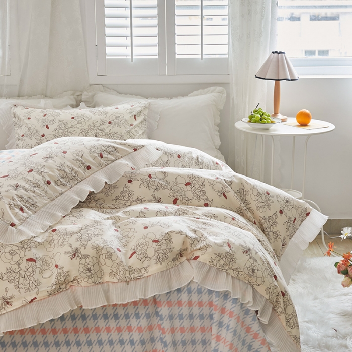 91家纺网 家纺一手货源 找家纺 怡家居 2022新款秋冬棉加牛奶绒韩式花边款四件套 千代子