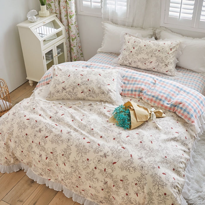 91家纺网 家纺一手货源 找家纺 怡家居 2022新款秋冬棉加牛奶绒韩式花边款四件套 千代子