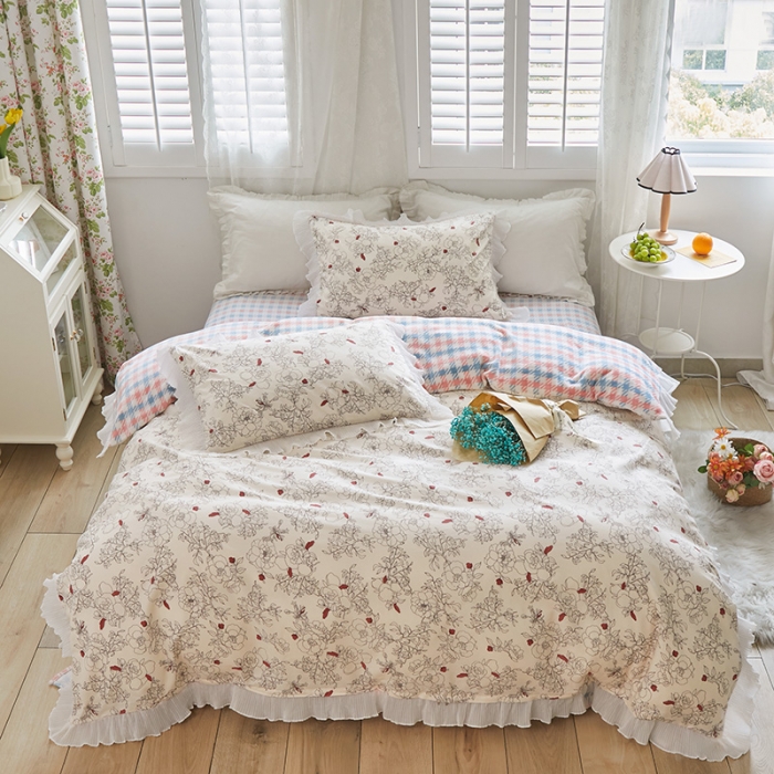 91家纺网 家纺一手货源 找家纺 怡家居 2022新款秋冬棉加牛奶绒韩式花边款四件套 千代子