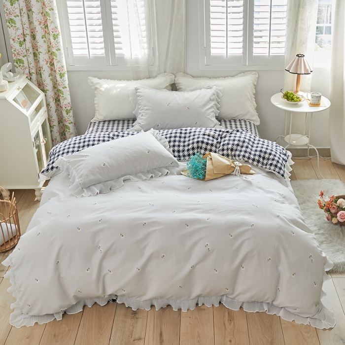 91家纺网 家纺一手货源 找家纺 怡家居 2022新款秋冬棉加牛奶绒韩式花边款四件套 千羽