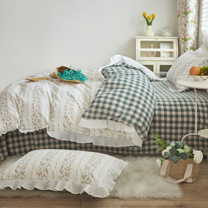 91家纺网 家纺一手货源 找家纺 怡家居 2022新款秋冬棉加牛奶绒韩式花边款四件套 青吟