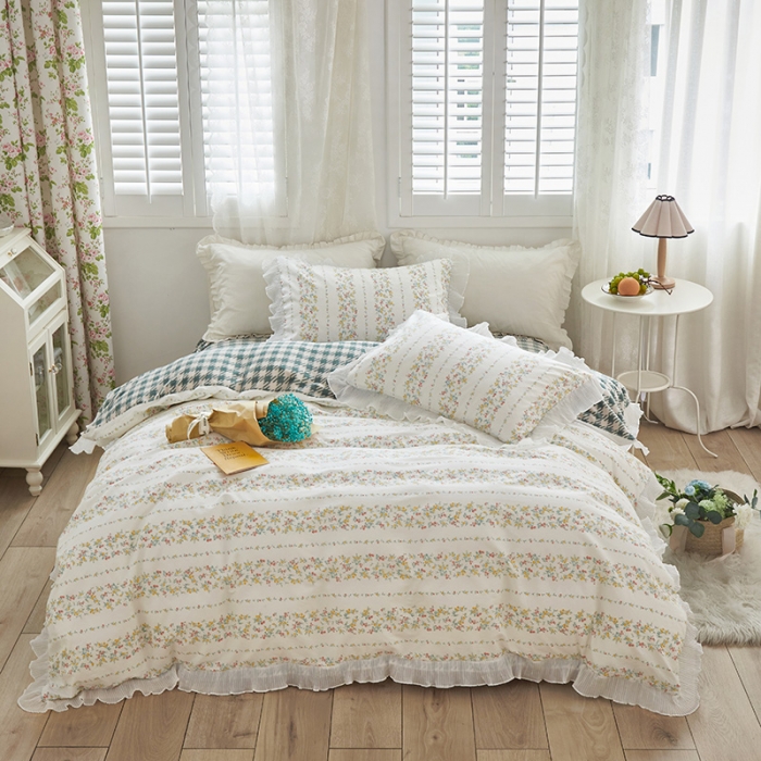 91家纺网 家纺一手货源 找家纺 怡家居 2022新款秋冬棉加牛奶绒韩式花边款四件套 青吟