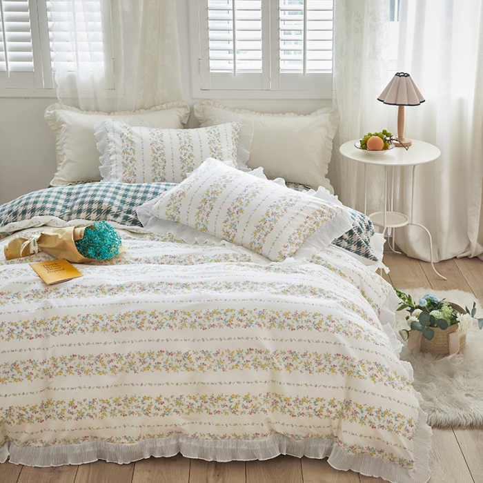 91家纺网 家纺一手货源 找家纺 怡家居 2022新款秋冬棉加牛奶绒韩式花边款四件套 青吟