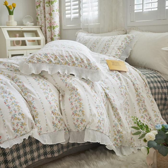 91家纺网 家纺一手货源 找家纺 怡家居 2022新款秋冬棉加牛奶绒韩式花边款四件套 青吟