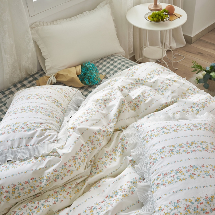 91家纺网 家纺一手货源 找家纺 怡家居 2022新款秋冬棉加牛奶绒韩式花边款四件套 青吟