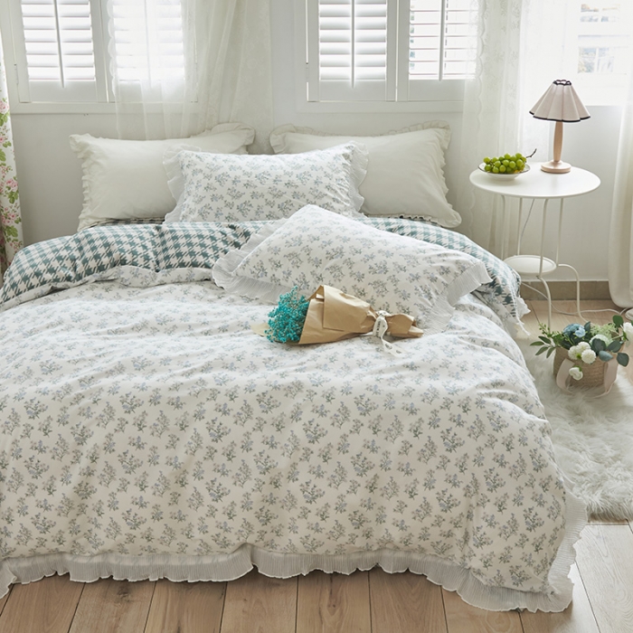 91家纺网 家纺一手货源 找家纺 怡家居 2022新款秋冬棉加牛奶绒韩式花边款四件套 听兰