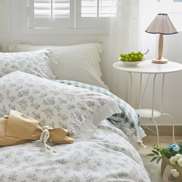 91家纺网 家纺一手货源 找家纺 怡家居 2022新款秋冬棉加牛奶绒韩式花边款四件套 听兰