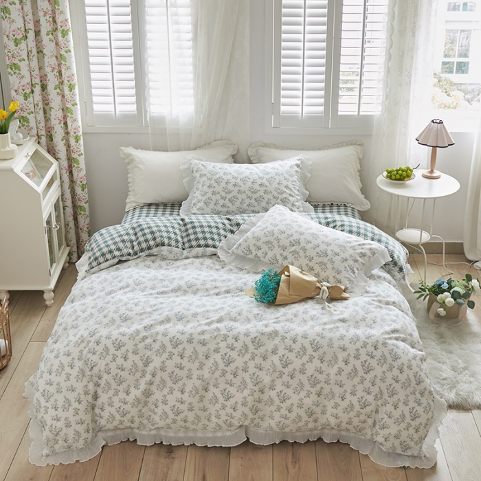 91家纺网 家纺一手货源 找家纺 怡家居 2022新款秋冬棉加牛奶绒韩式花边款四件套 听兰