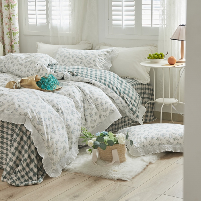 91家纺网 家纺一手货源 找家纺 怡家居 2022新款秋冬棉加牛奶绒韩式花边款四件套 听兰