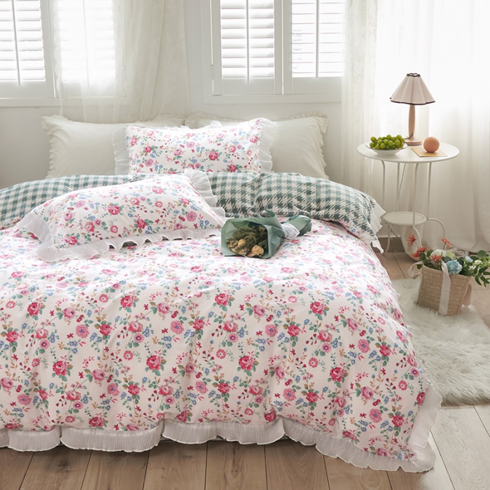 91家纺网 家纺一手货源 找家纺 怡家居 2022新款秋冬棉加牛奶绒韩式花边款四件套 夕颜