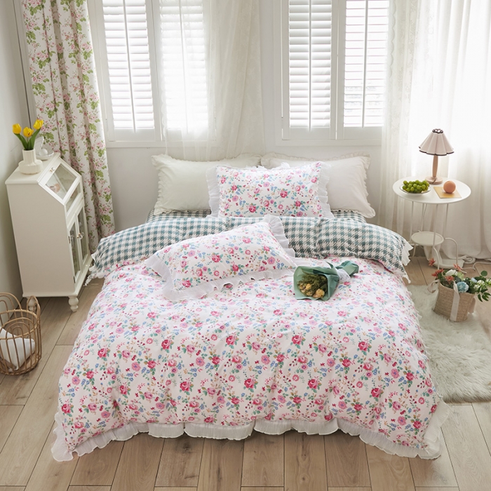 91家纺网 家纺一手货源 找家纺 怡家居 2022新款秋冬棉加牛奶绒韩式花边款四件套 夕颜