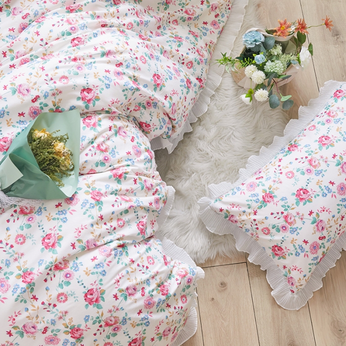 91家纺网 家纺一手货源 找家纺 怡家居 2022新款秋冬棉加牛奶绒韩式花边款四件套 夕颜