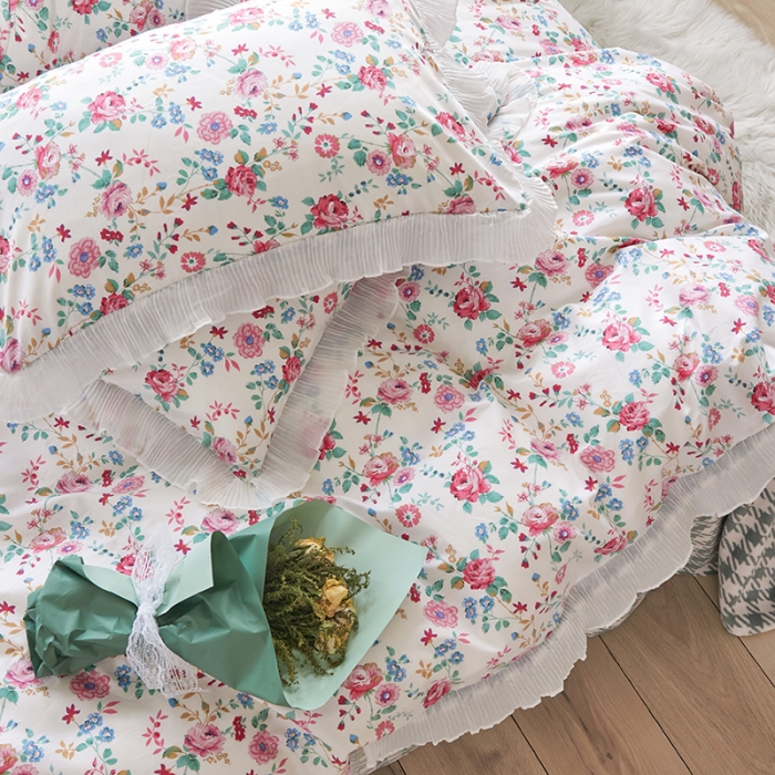 91家纺网 家纺一手货源 找家纺 怡家居 2022新款秋冬棉加牛奶绒韩式花边款四件套 夕颜