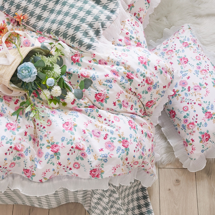 91家纺网 家纺一手货源 找家纺 怡家居 2022新款秋冬棉加牛奶绒韩式花边款四件套 夕颜