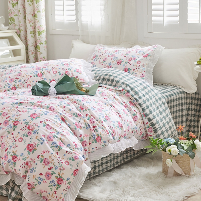 91家纺网 家纺一手货源 找家纺 怡家居 2022新款秋冬棉加牛奶绒韩式花边款四件套 夕颜