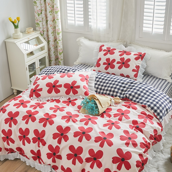 91家纺网 家纺一手货源 找家纺 怡家居 2022新款秋冬棉加牛奶绒韩式花边款四件套 月影花