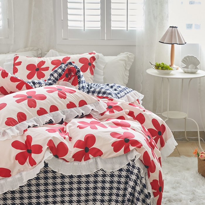 91家纺网 家纺一手货源 找家纺 怡家居 2022新款秋冬棉加牛奶绒韩式花边款四件套 月影花