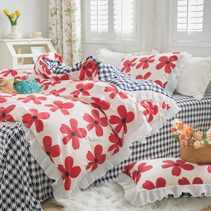 91家纺网 家纺一手货源 找家纺 怡家居 2022新款秋冬棉加牛奶绒韩式花边款四件套 月影花