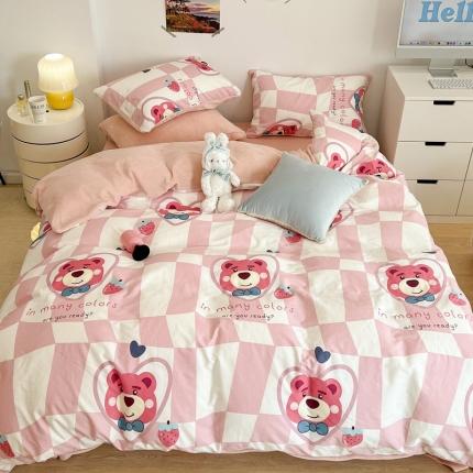 91家纺网 家纺一手货源 找家纺 昔可 2022新款梦幻公主风系列棉加绒印花四件套方块草莓熊