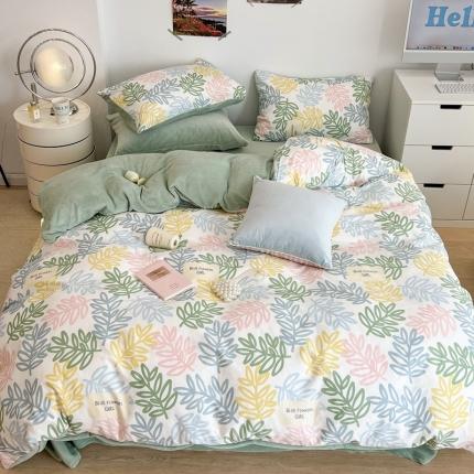 91家纺网 家纺一手货源 找家纺 昔可 2022新款梦幻公主风系列棉加绒印花四件套热带叶子