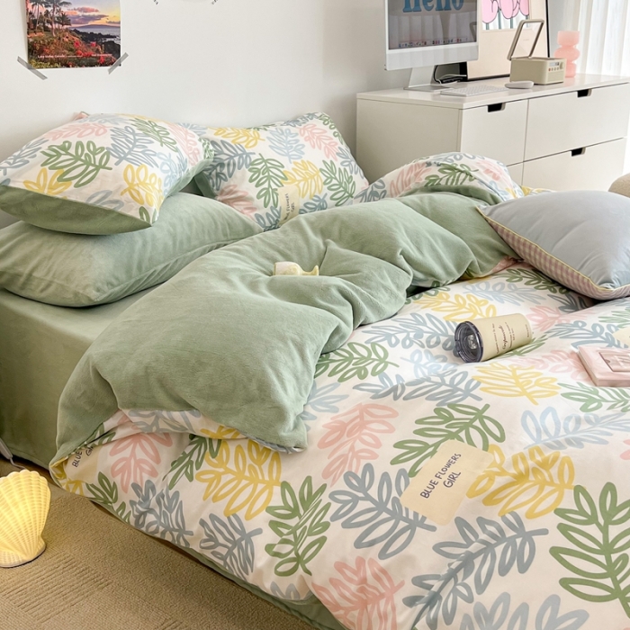 91家纺网 家纺一手货源 找家纺 昔可 2022新款梦幻公主风系列棉加绒印花四件套热带叶子