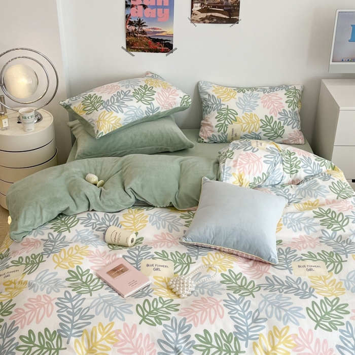 91家纺网 家纺一手货源 找家纺 昔可 2022新款梦幻公主风系列棉加绒印花四件套热带叶子