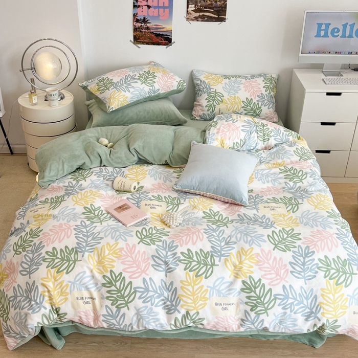 91家纺网 家纺一手货源 找家纺 昔可 2022新款梦幻公主风系列棉加绒印花四件套热带叶子