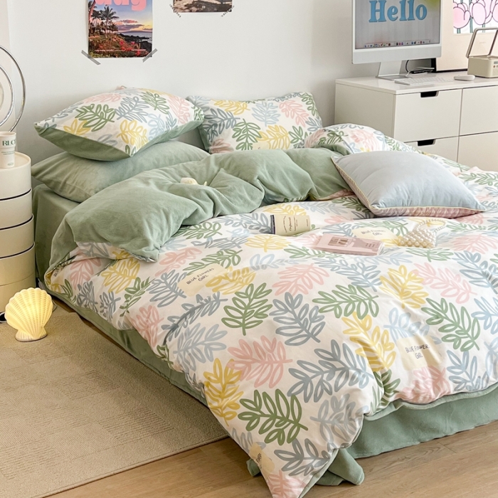 91家纺网 家纺一手货源 找家纺 昔可 2022新款梦幻公主风系列棉加绒印花四件套热带叶子