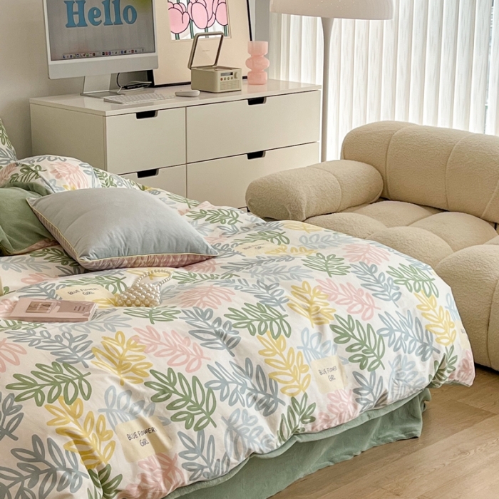 91家纺网 家纺一手货源 找家纺 昔可 2022新款梦幻公主风系列棉加绒印花四件套热带叶子