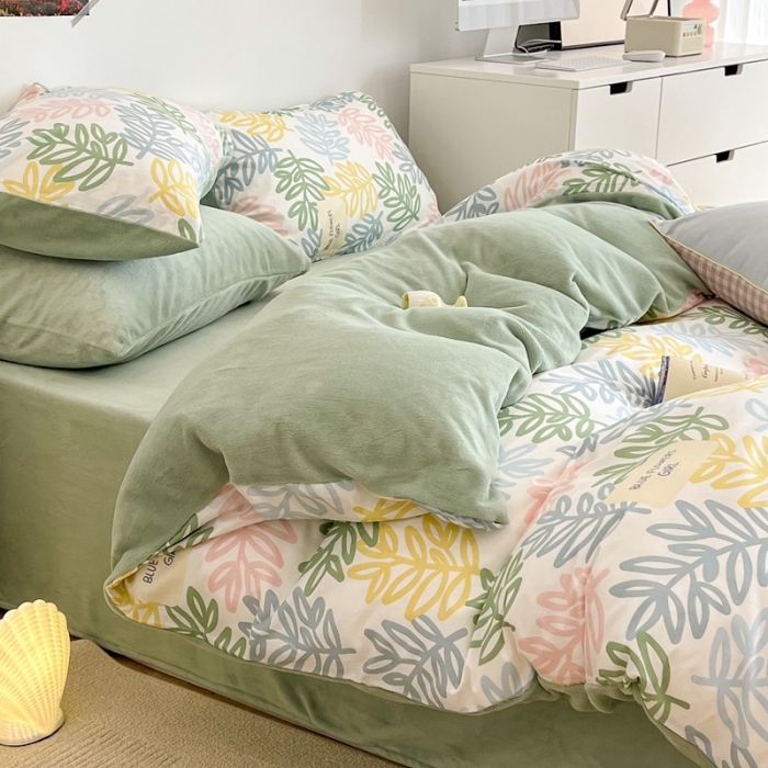 91家纺网 家纺一手货源 找家纺 昔可 2022新款梦幻公主风系列棉加绒印花四件套热带叶子