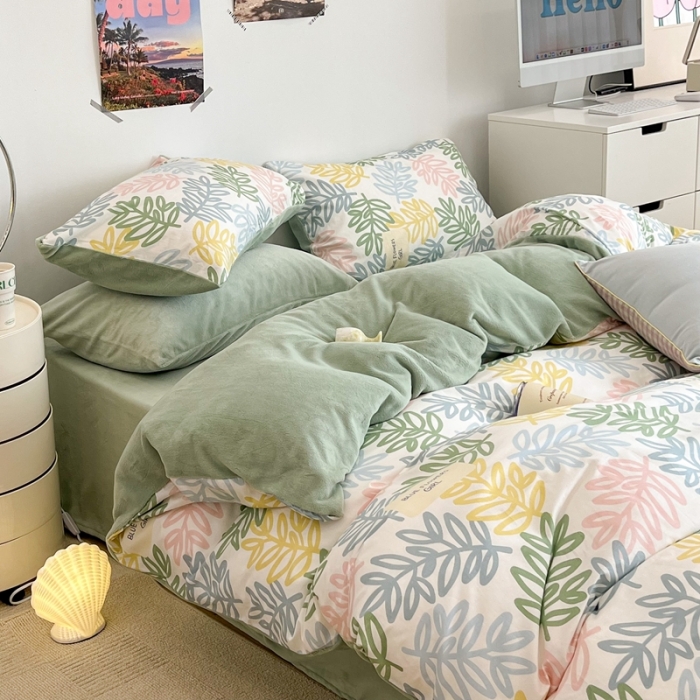 91家纺网 家纺一手货源 找家纺 昔可 2022新款梦幻公主风系列棉加绒印花四件套热带叶子