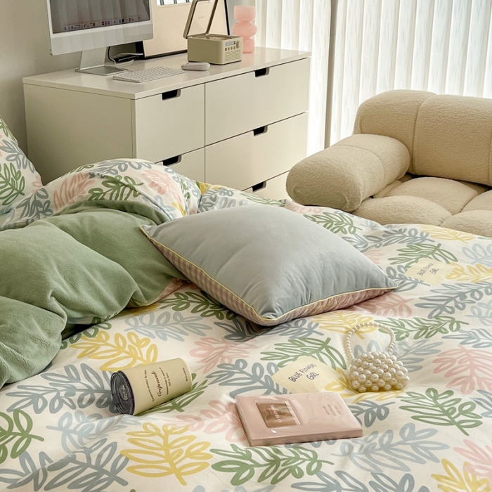 91家纺网 家纺一手货源 找家纺 昔可 2022新款梦幻公主风系列棉加绒印花四件套热带叶子