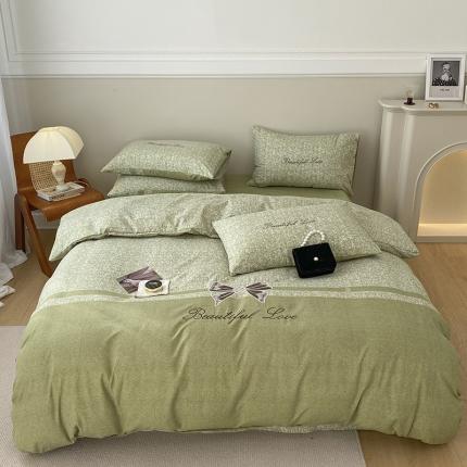 91家纺网 家纺一手货源 找家纺 花伞 2022新款温柔可爱小香风印花+刺绣加厚德棉四件套 小香风绿