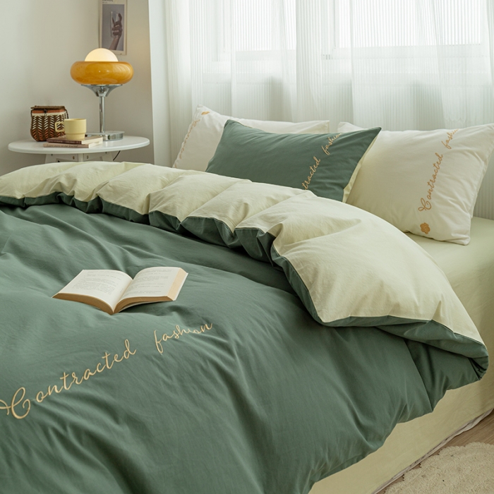 91家纺网 家纺一手货源 找家纺 简宜家居 2025新款山茶花纯棉全棉水洗棉四件套 山茶花-水绿