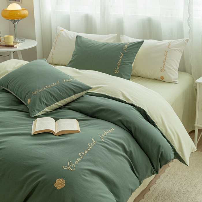 91家纺网 家纺一手货源 找家纺 简宜家居 2025新款山茶花纯棉全棉水洗棉四件套 山茶花-水绿