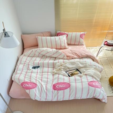 昔可 2022新款简约条纹系列牛奶绒四件套 chic条纹粉