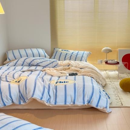 昔可 2022新款简约条纹系列牛奶绒四件套 chic条纹蓝