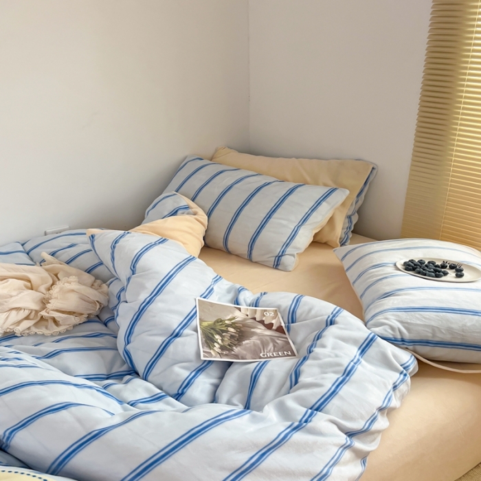 91家纺网 家纺一手货源 找家纺 昔可 2022新款简约条纹系列牛奶绒四件套 chic条纹蓝